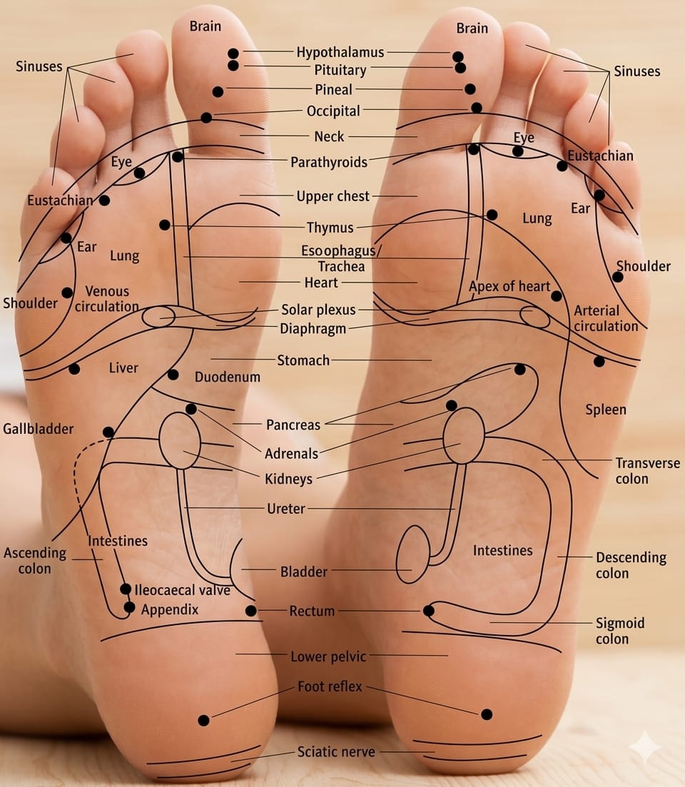 Foot reflexology chart mapping reflex points of the feet to the body